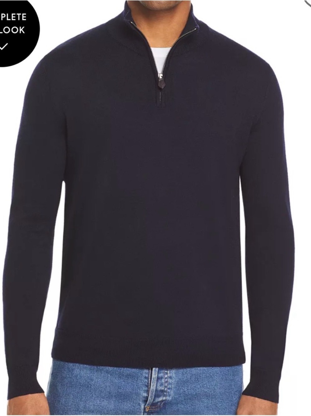 Bloomingdale’s The Men’s Store 1/4 Zip Merino Wool Sweater Size L. Navy. NWOT
